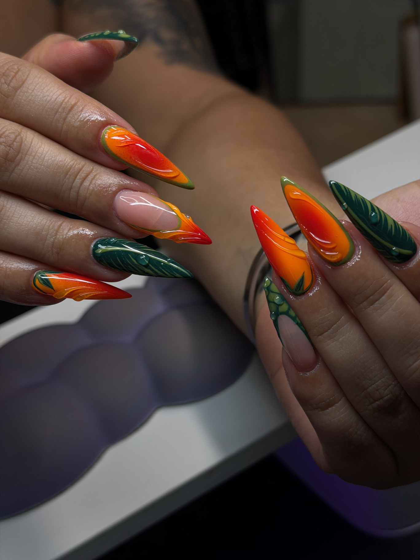Mango rainforest stiletto manicure
